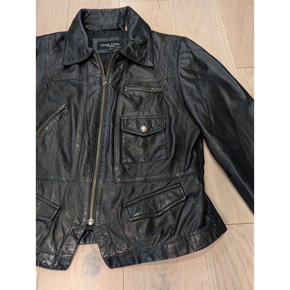 Black Rivet Genuine Leather Cropped Utility Large Jacket Y2K Moto | 100% Leather - Picture 4 of 16